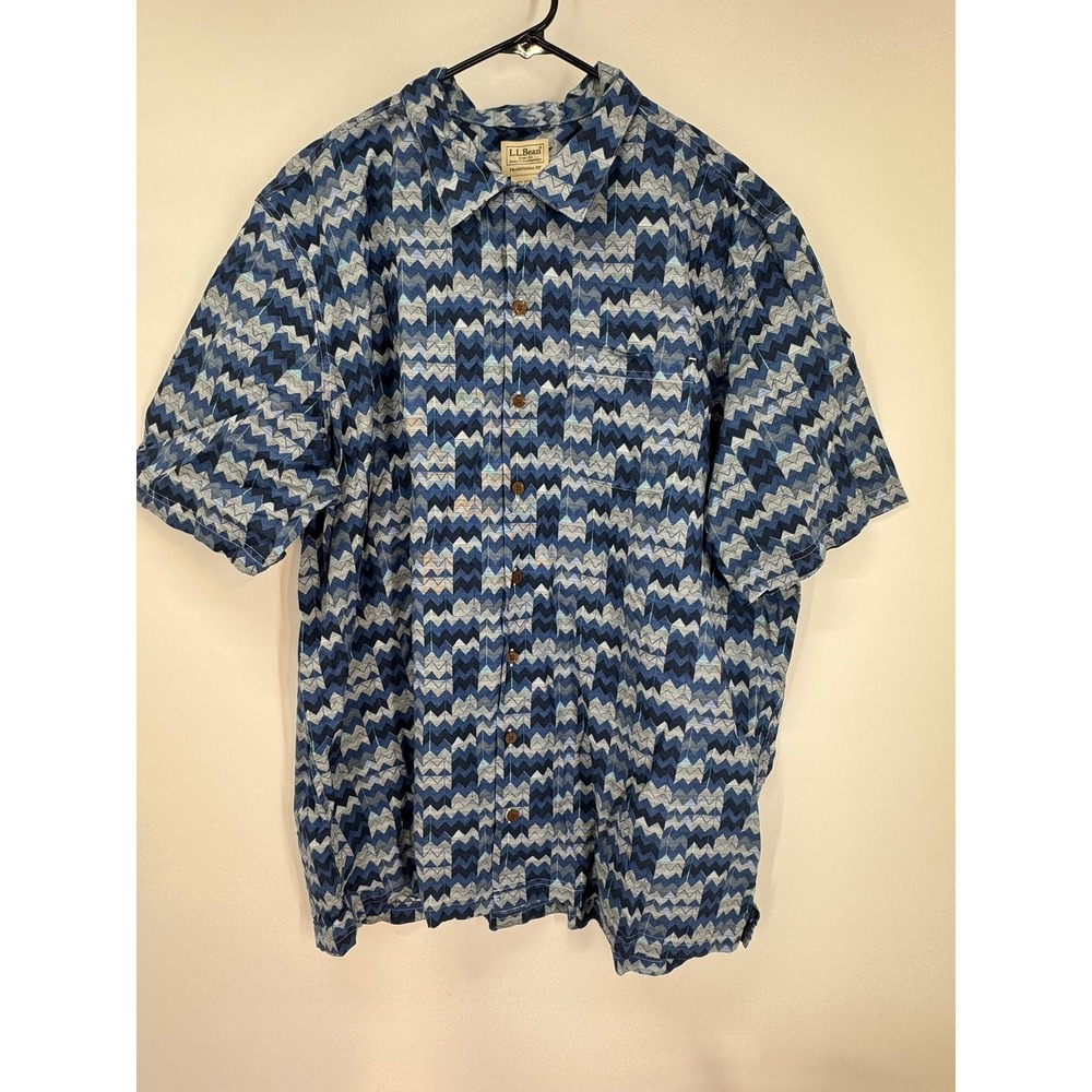 LL Bean Men's XL Tall Button Up Short Sleeve‎ Shirt Blue Geometric Cotton